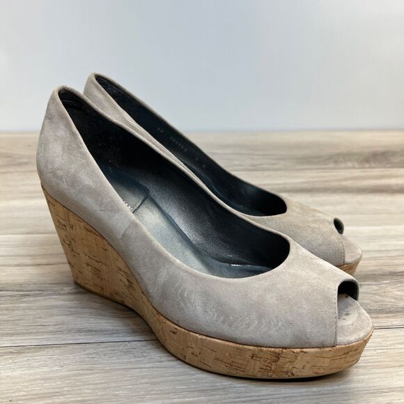 Stuart Weitzman Beige Suede Anna Cork Wedge Platform Peep Toe Pumps Size 9M - Picture 1 of 11